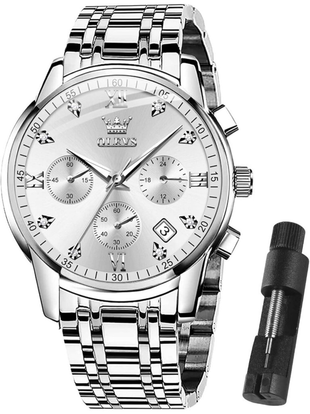 Olevs Mens Silver White Face Multifunction Waterproof Luminous Chronograph Watch
